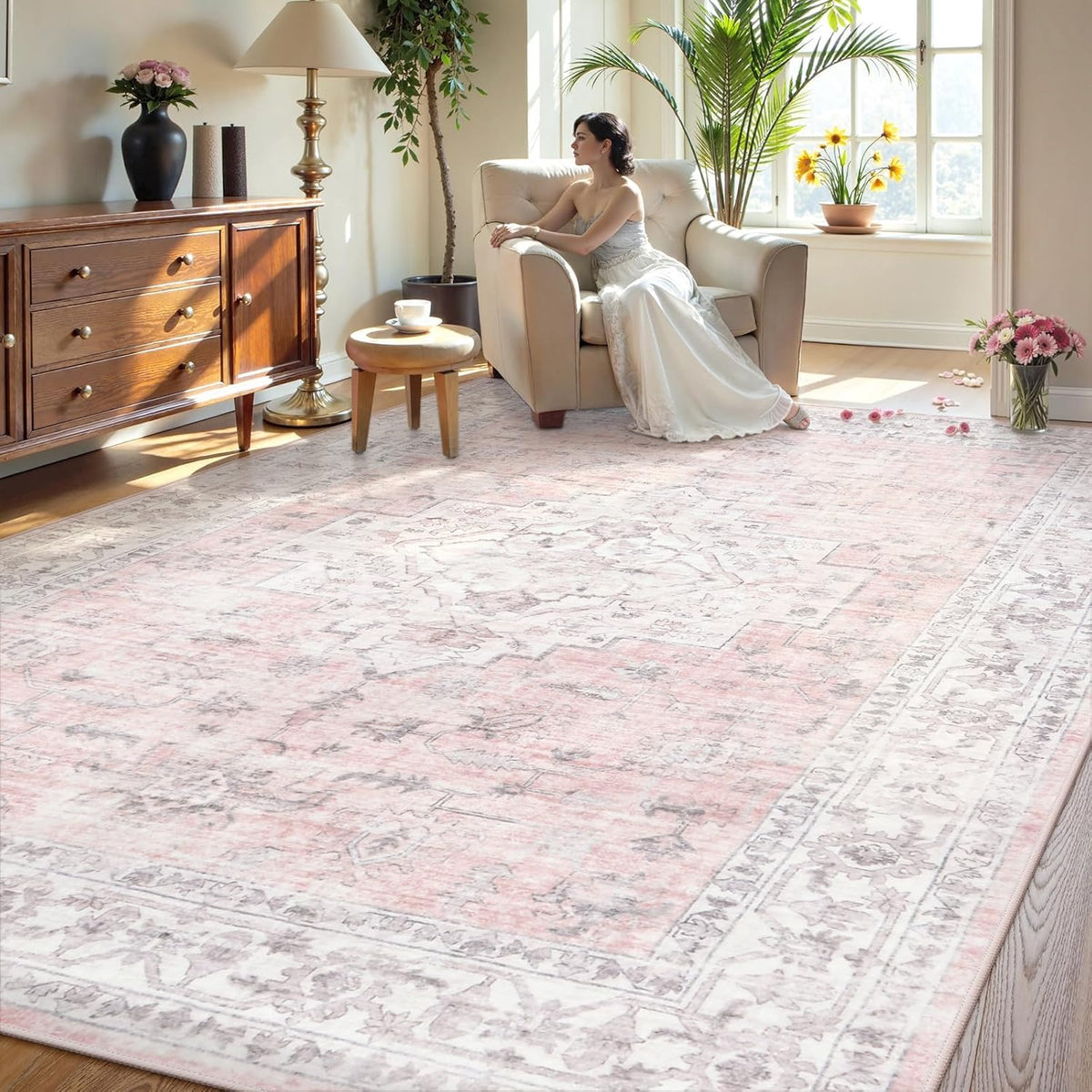 Pink 9x12 Area Rug for Bedroom Girls, Boho Washable Rugs for Living Room Nursery, Non-Slip Indoor Soft Carpet Low-Pile Farmhouse Carpets for Dining Room Kids Playroom, Pink