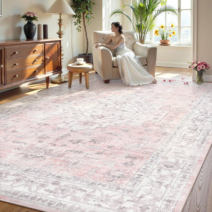 Pink 9x12 Area Rug for Bedroom Girls, Boho Washable Rugs for Living Room Nursery, Non-Slip Indoor Soft Carpet Low-Pile Farmhouse Carpets for Dining Room Kids Playroom, Pink