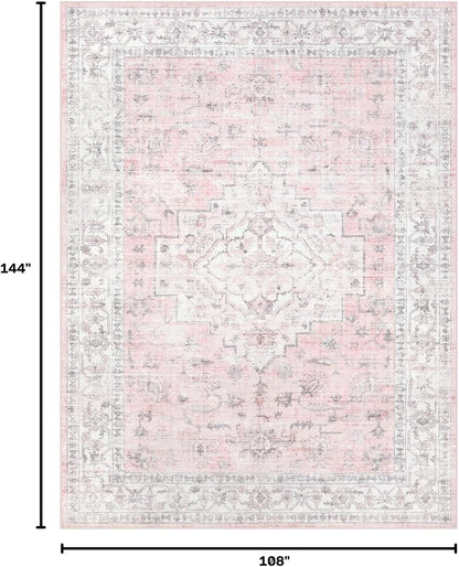 Pink 9x12 Area Rug for Bedroom Girls, Boho Washable Rugs for Living Room Nursery, Non-Slip Indoor Soft Carpet Low-Pile Farmhouse Carpets for Dining Room Kids Playroom, Pink