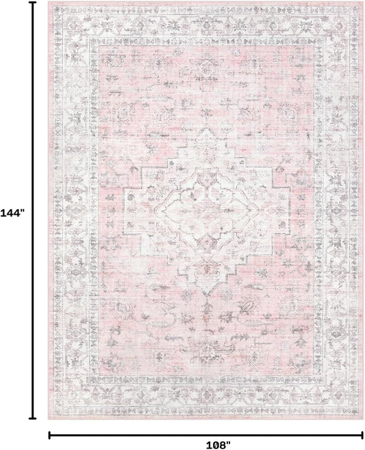 Pink 9x12 Area Rug for Bedroom Girls, Boho Washable Rugs for Living Room Nursery, Non-Slip Indoor Soft Carpet Low-Pile Farmhouse Carpets for Dining Room Kids Playroom, Pink
