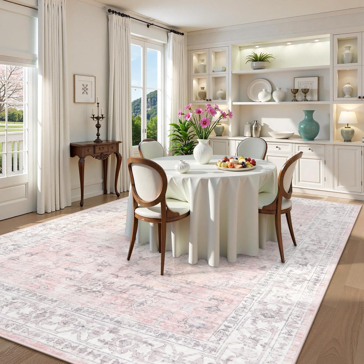 Pink 9x12 Area Rug for Bedroom Girls, Boho Washable Rugs for Living Room Nursery, Non-Slip Indoor Soft Carpet Low-Pile Farmhouse Carpets for Dining Room Kids Playroom, Pink