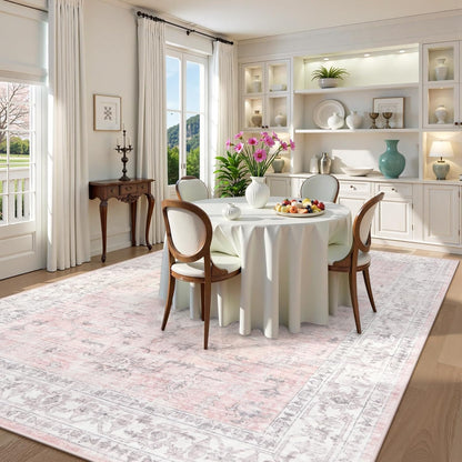 Pink 9x12 Area Rug for Bedroom Girls, Boho Washable Rugs for Living Room Nursery, Non-Slip Indoor Soft Carpet Low-Pile Farmhouse Carpets for Dining Room Kids Playroom, Pink