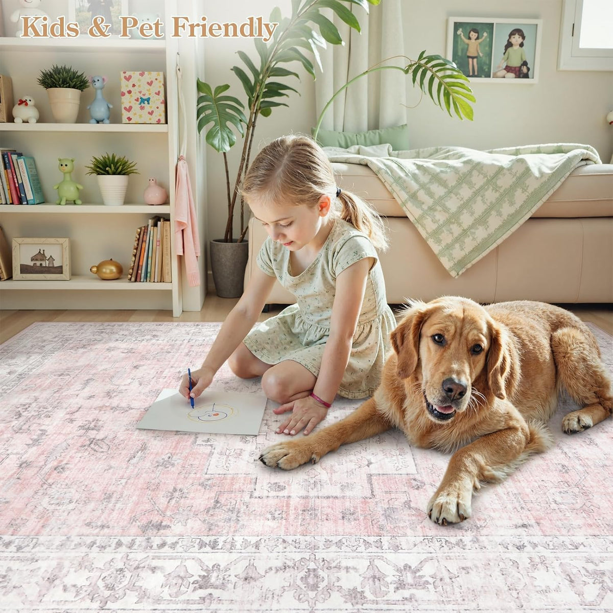 Pink 9x12 Area Rug for Bedroom Girls, Boho Washable Rugs for Living Room Nursery, Non-Slip Indoor Soft Carpet Low-Pile Farmhouse Carpets for Dining Room Kids Playroom, Pink