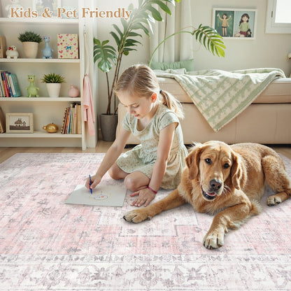 Pink 9x12 Area Rug for Bedroom Girls, Boho Washable Rugs for Living Room Nursery, Non-Slip Indoor Soft Carpet Low-Pile Farmhouse Carpets for Dining Room Kids Playroom, Pink