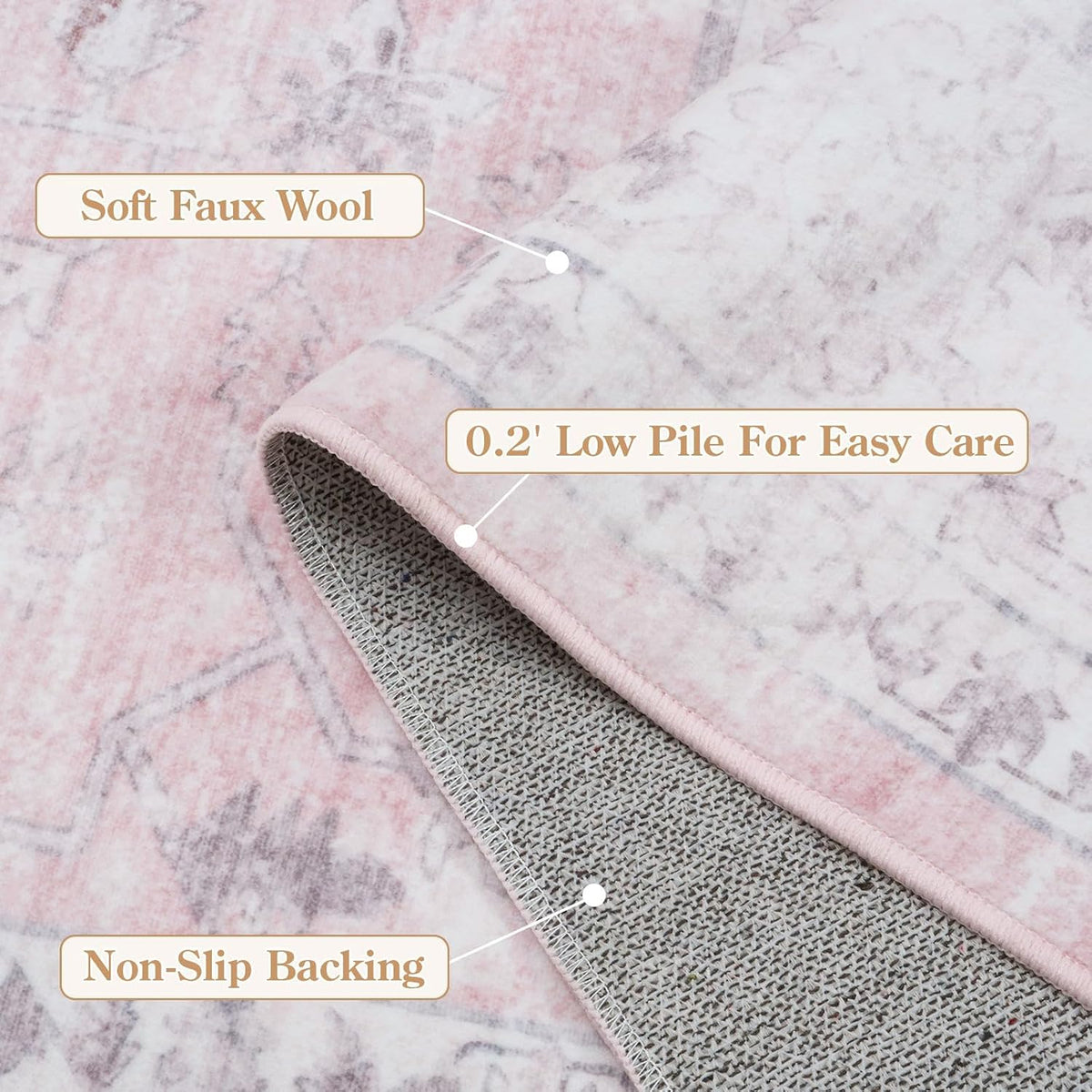 Pink 9x12 Area Rug for Bedroom Girls, Boho Washable Rugs for Living Room Nursery, Non-Slip Indoor Soft Carpet Low-Pile Farmhouse Carpets for Dining Room Kids Playroom, Pink