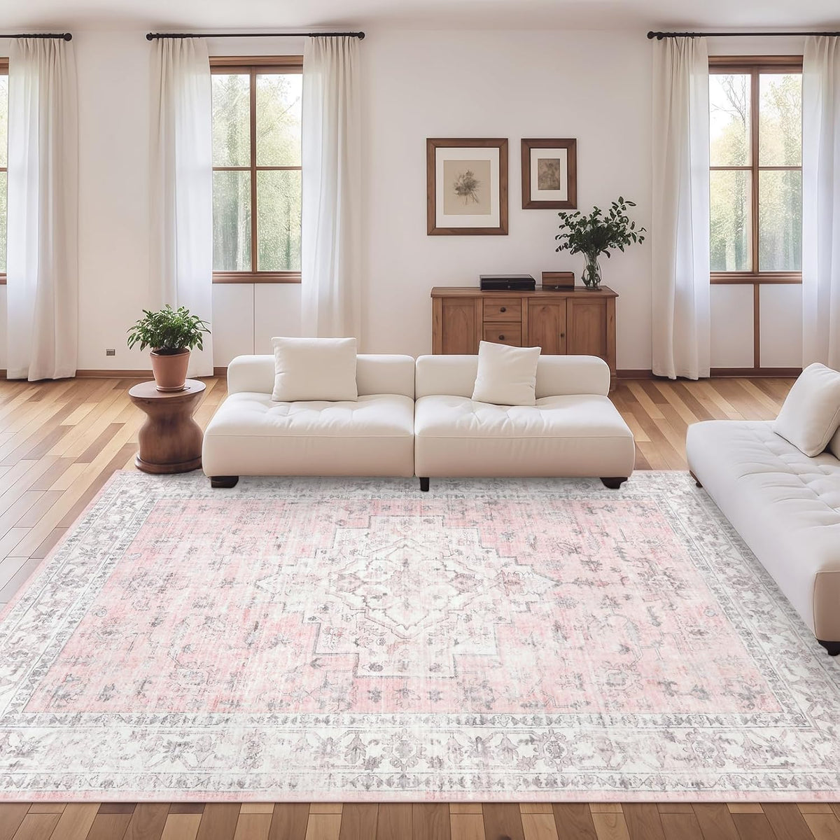 Pink 9x12 Area Rug for Bedroom Girls, Boho Washable Rugs for Living Room Nursery, Non-Slip Indoor Soft Carpet Low-Pile Farmhouse Carpets for Dining Room Kids Playroom, Pink
