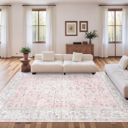 Pink 9x12 Area Rug for Bedroom Girls, Boho Washable Rugs for Living Room Nursery, Non-Slip Indoor Soft Carpet Low-Pile Farmhouse Carpets for Dining Room Kids Playroom, Pink