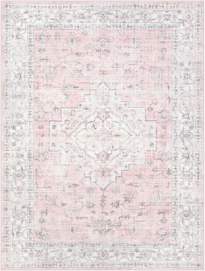 Pink 9x12 Area Rug for Bedroom Girls, Boho Washable Rugs for Living Room Nursery, Non-Slip Indoor Soft Carpet Low-Pile Farmhouse Carpets for Dining Room Kids Playroom, Pink