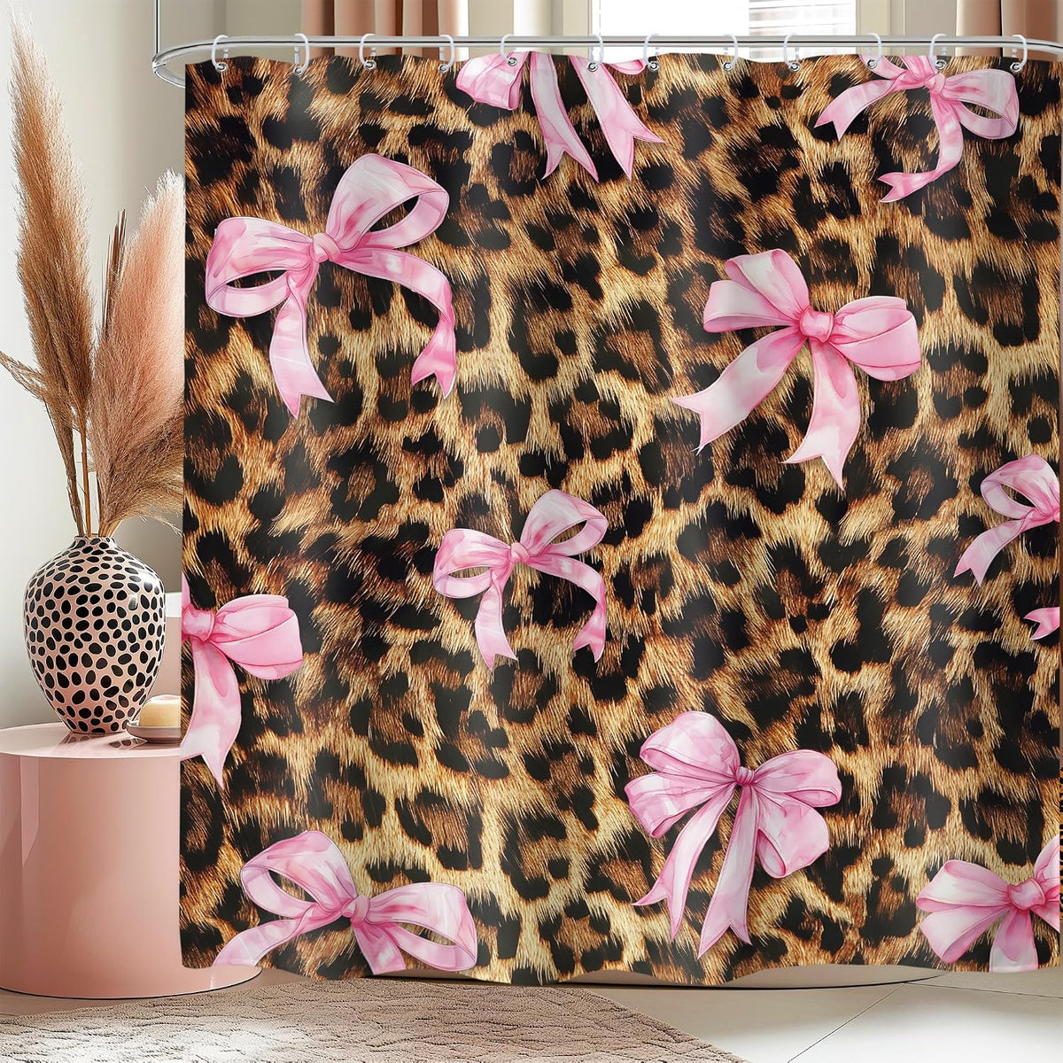 Cheetah Print Shower Curtain 72x72 Pink Bow Bathroom Decor