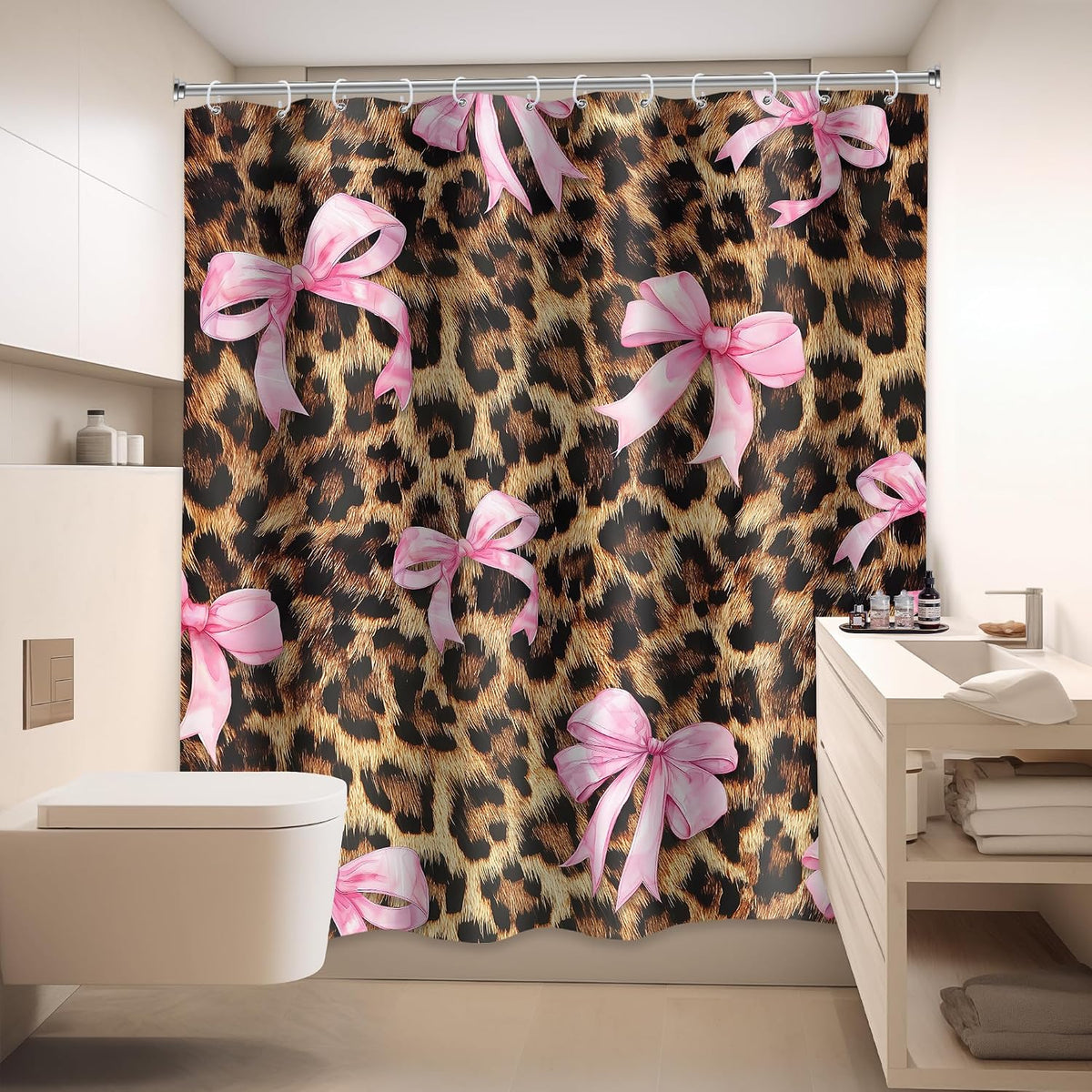 Cheetah Print Shower Curtain 72x72 Pink Bow Bathroom Decor