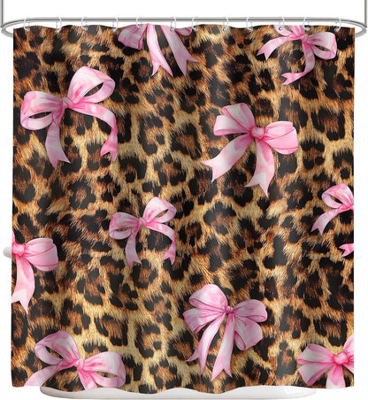 Cheetah Print Shower Curtain 72x72 Pink Bow Bathroom Decor