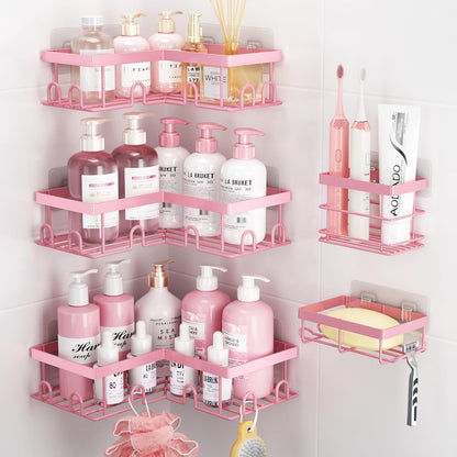 Corner Shower Caddy, 5 Pack Adhesive Stainless Steel Organizer, Pink