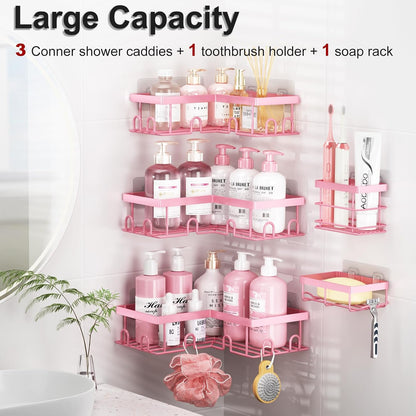 Corner Shower Caddy, 5 Pack Adhesive Stainless Steel Organizer, Pink