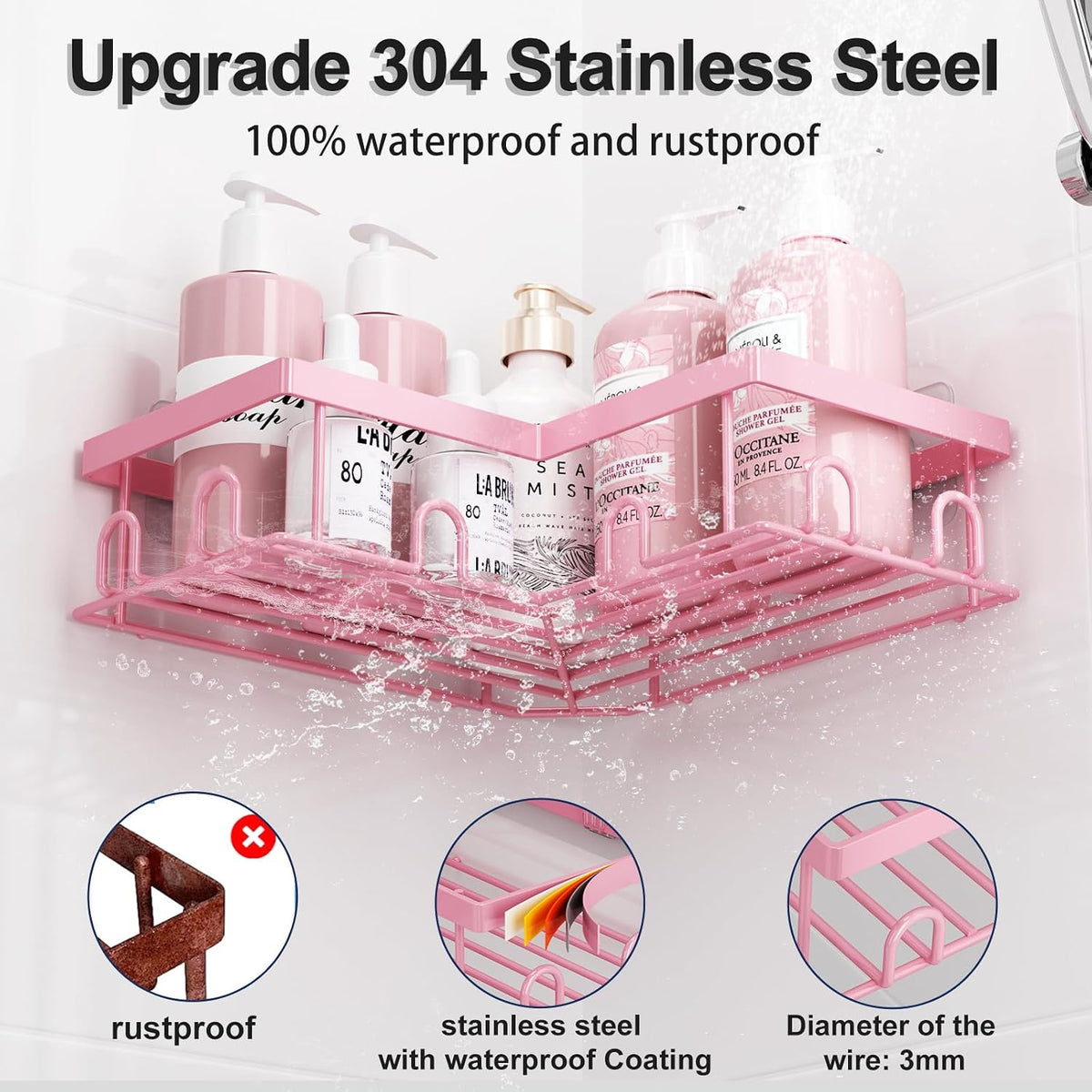 Corner Shower Caddy, 5 Pack Adhesive Stainless Steel Organizer, Pink