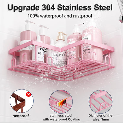 Corner Shower Caddy, 5 Pack Adhesive Stainless Steel Organizer, Pink