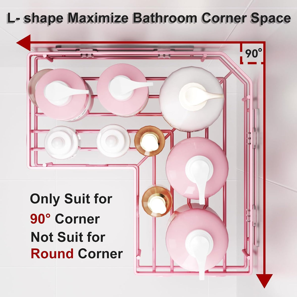 Corner Shower Caddy, 5 Pack Adhesive Stainless Steel Organizer, Pink