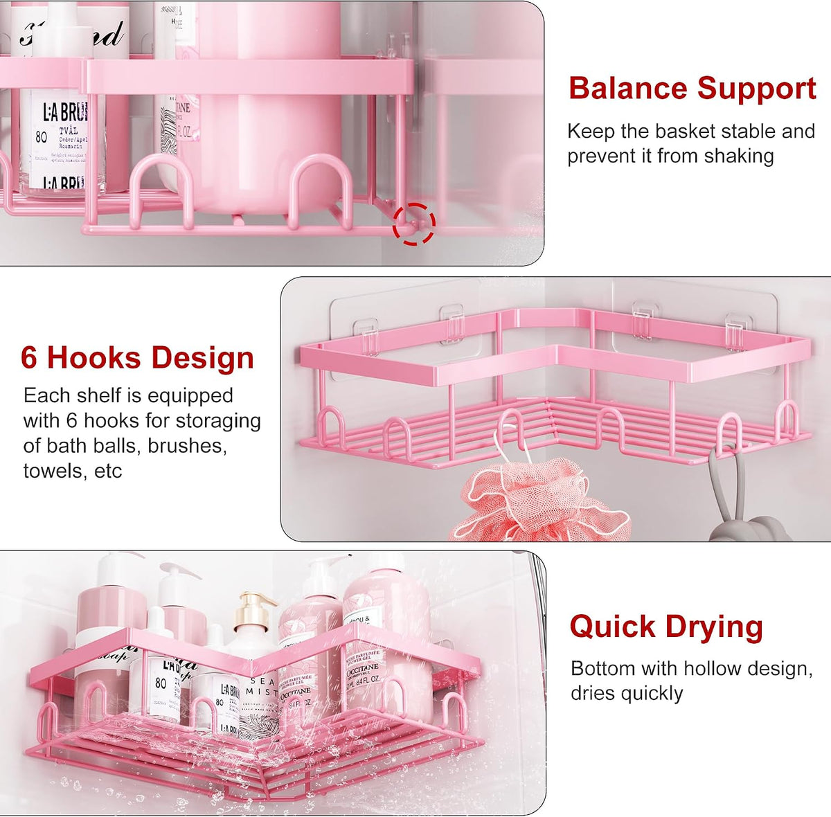 Corner Shower Caddy, 5 Pack Adhesive Stainless Steel Organizer, Pink