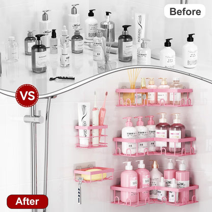 Corner Shower Caddy, 5 Pack Adhesive Stainless Steel Organizer, Pink