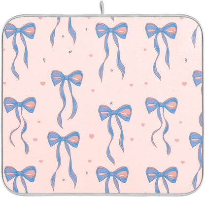 Light Blue Pink Bow Dish Drying Mat for Kitchen Counter 16 x 18 Inch Rack Pads Microfiber Dry Dishes Drainer Mats Dish Drying Pad Tableware Countertops Decor