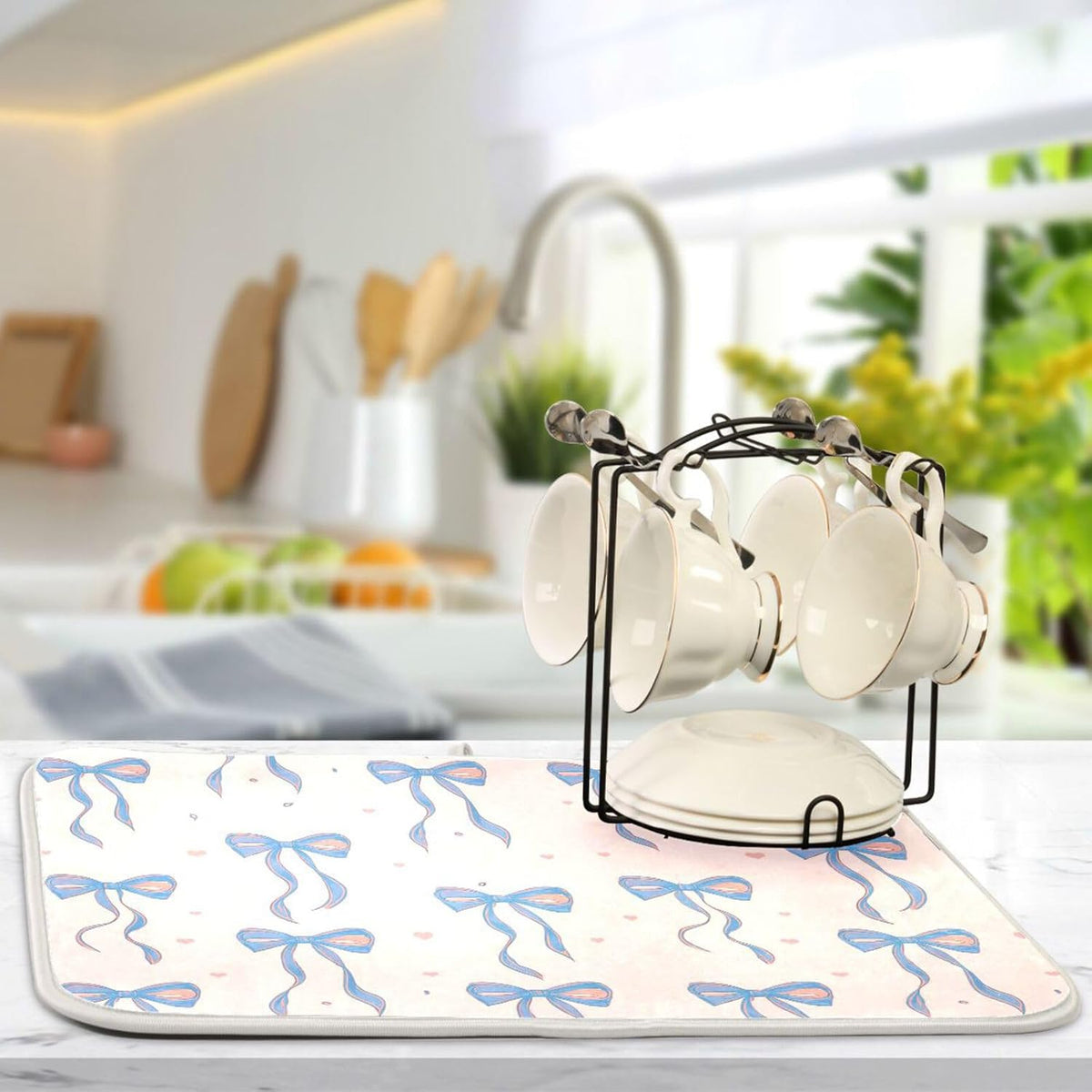 Light Blue Pink Bow Dish Drying Mat for Kitchen Counter 16 x 18 Inch Rack Pads Microfiber Dry Dishes Drainer Mats Dish Drying Pad Tableware Countertops Decor