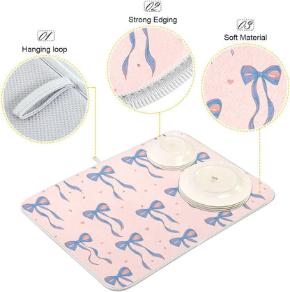 Light Blue Pink Bow Dish Drying Mat for Kitchen Counter 16 x 18 Inch Rack Pads Microfiber Dry Dishes Drainer Mats Dish Drying Pad Tableware Countertops Decor