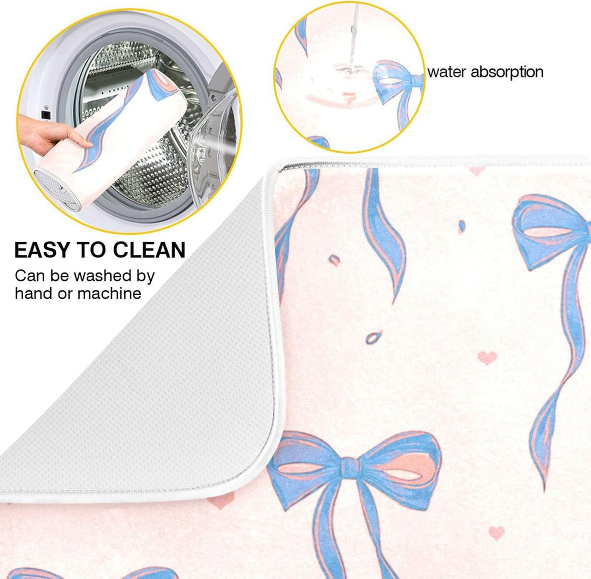 Light Blue Pink Bow Dish Drying Mat for Kitchen Counter 16 x 18 Inch Rack Pads Microfiber Dry Dishes Drainer Mats Dish Drying Pad Tableware Countertops Decor