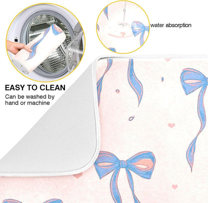 Light Blue Pink Bow Dish Drying Mat for Kitchen Counter 16 x 18 Inch Rack Pads Microfiber Dry Dishes Drainer Mats Dish Drying Pad Tableware Countertops Decor