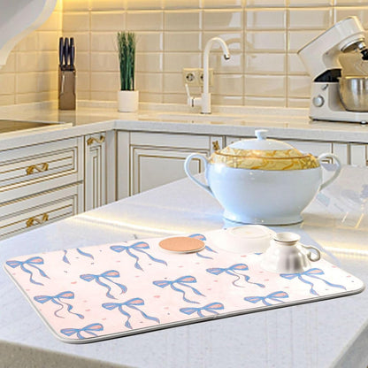 Light Blue Pink Bow Dish Drying Mat for Kitchen Counter 16 x 18 Inch Rack Pads Microfiber Dry Dishes Drainer Mats Dish Drying Pad Tableware Countertops Decor