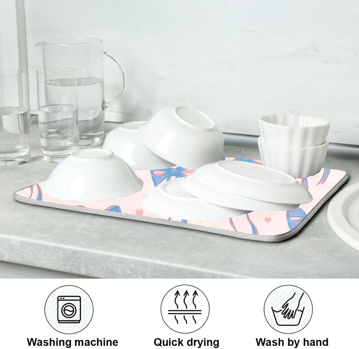 Light Blue Pink Bow Dish Drying Mat for Kitchen Counter 16 x 18 Inch Rack Pads Microfiber Dry Dishes Drainer Mats Dish Drying Pad Tableware Countertops Decor