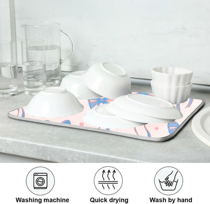 Light Blue Pink Bow Dish Drying Mat for Kitchen Counter 16 x 18 Inch Rack Pads Microfiber Dry Dishes Drainer Mats Dish Drying Pad Tableware Countertops Decor