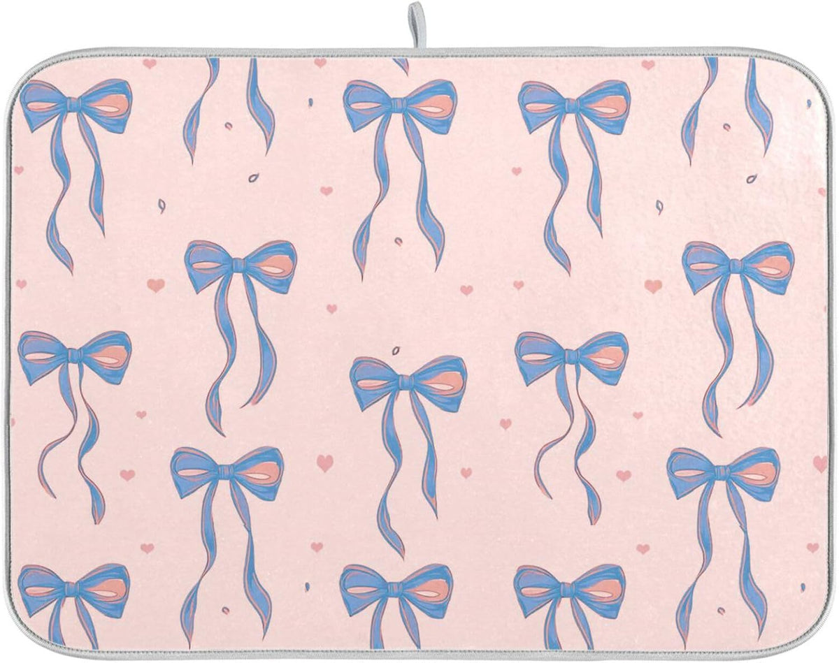 Light Blue Pink Bow Dish Drying Mat for Kitchen Counter 16 x 18 Inch Rack Pads Microfiber Dry Dishes Drainer Mats Dish Drying Pad Tableware Countertops Decor