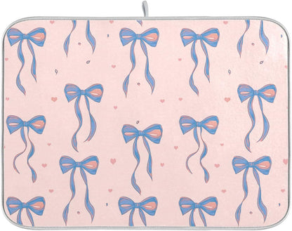 Light Blue Pink Bow Dish Drying Mat for Kitchen Counter 16 x 18 Inch Rack Pads Microfiber Dry Dishes Drainer Mats Dish Drying Pad Tableware Countertops Decor