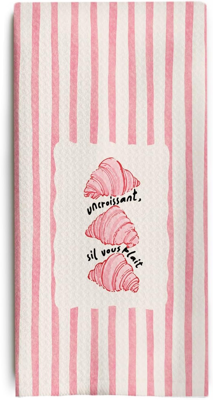 Trendy Pink Striped Croissant Kitchen Towels, Croissant Gifts Dish Tea Towels, Bread Bakers Baking Lovers Gifts Decorative Hand Towel for Kitchen Bakery, 16x24 Inch