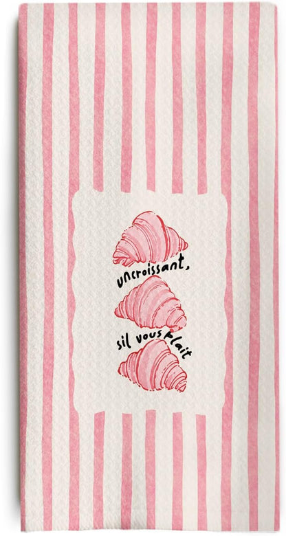 Trendy Pink Striped Croissant Kitchen Towels, Croissant Gifts Dish Tea Towels, Bread Bakers Baking Lovers Gifts Decorative Hand Towel for Kitchen Bakery, 16x24 Inch