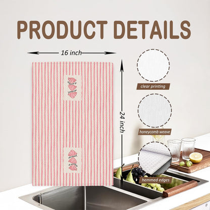 Trendy Pink Striped Croissant Kitchen Towels, Croissant Gifts Dish Tea Towels, Bread Bakers Baking Lovers Gifts Decorative Hand Towel for Kitchen Bakery, 16x24 Inch
