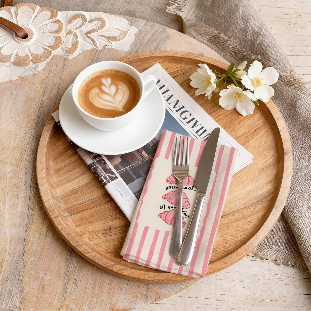 Trendy Pink Striped Croissant Kitchen Towels, Croissant Gifts Dish Tea Towels, Bread Bakers Baking Lovers Gifts Decorative Hand Towel for Kitchen Bakery, 16x24 Inch