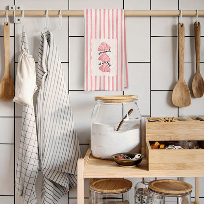 Trendy Pink Striped Croissant Kitchen Towels, Croissant Gifts Dish Tea Towels, Bread Bakers Baking Lovers Gifts Decorative Hand Towel for Kitchen Bakery, 16x24 Inch