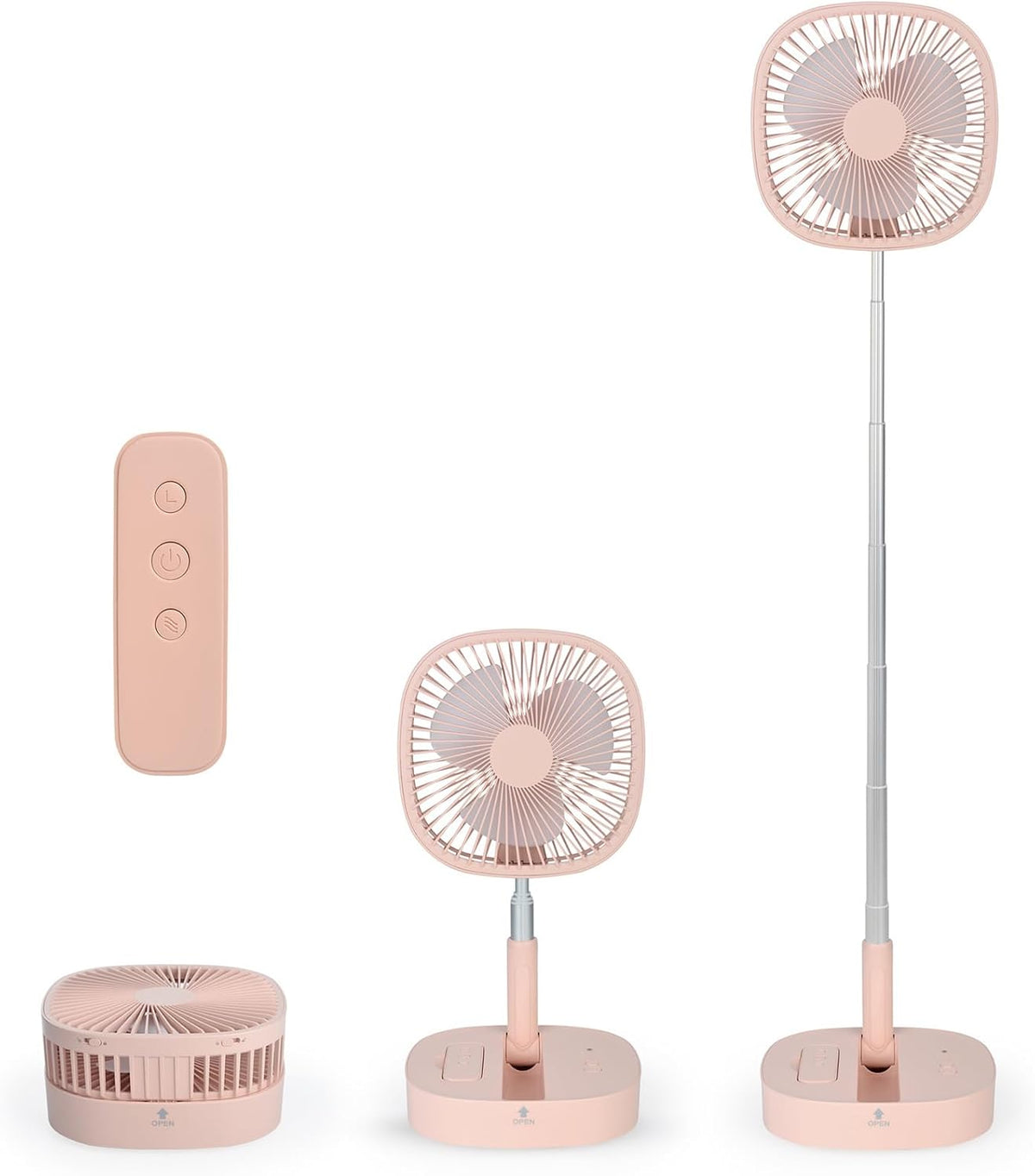Magesh Portable Pedestal Fan - Foldaway Standing Fan Foldable Desk Fan, Use 7200Mah Rechargeable Battery, Remote Control Telescopic 4 Speed Quiet Timer Fan for Home Kitchen Outdoor Camping (Pink)