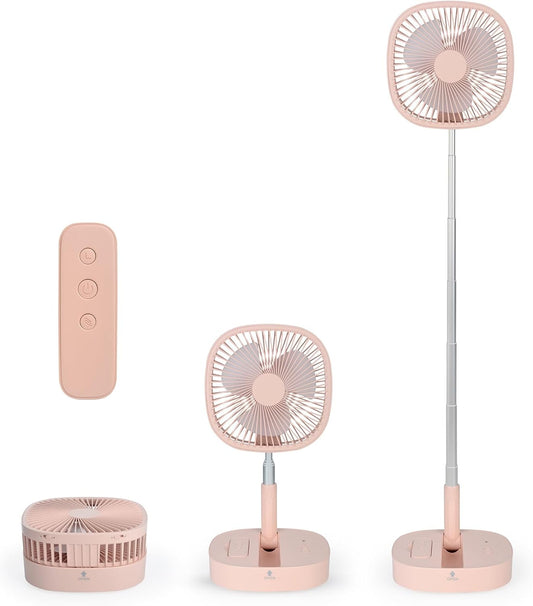 Magesh Portable Pedestal Fan - Foldaway Standing Fan Foldable Desk Fan, Use 7200Mah Rechargeable Battery, Remote Control Telescopic 4 Speed Quiet Timer Fan for Home Kitchen Outdoor Camping (Pink)