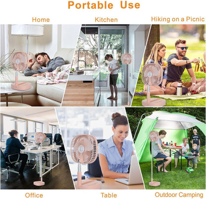 Magesh Portable Pedestal Fan - Foldaway Standing Fan Foldable Desk Fan, Use 7200Mah Rechargeable Battery, Remote Control Telescopic 4 Speed Quiet Timer Fan for Home Kitchen Outdoor Camping (Pink)