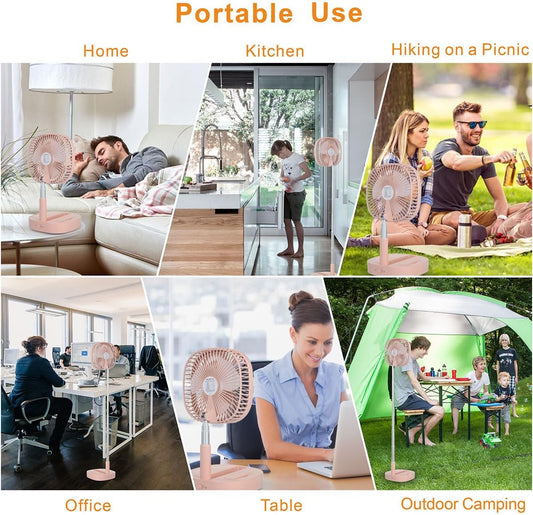 Magesh Portable Pedestal Fan - Foldaway Standing Fan Foldable Desk Fan, Use 7200Mah Rechargeable Battery, Remote Control Telescopic 4 Speed Quiet Timer Fan for Home Kitchen Outdoor Camping (Pink)