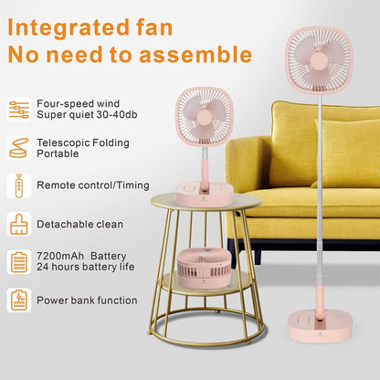 Magesh Portable Pedestal Fan - Foldaway Standing Fan Foldable Desk Fan, Use 7200Mah Rechargeable Battery, Remote Control Telescopic 4 Speed Quiet Timer Fan for Home Kitchen Outdoor Camping (Pink)