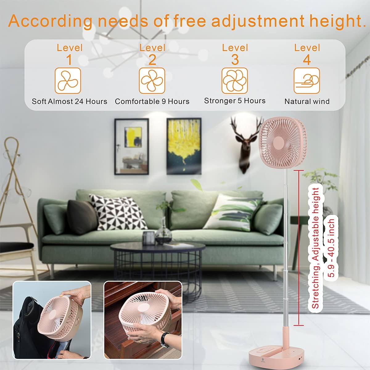 Magesh Portable Pedestal Fan - Foldaway Standing Fan Foldable Desk Fan, Use 7200Mah Rechargeable Battery, Remote Control Telescopic 4 Speed Quiet Timer Fan for Home Kitchen Outdoor Camping (Pink)