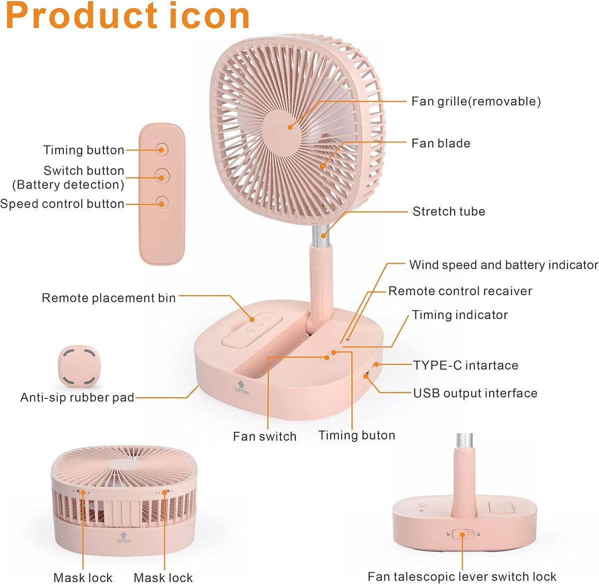 Magesh Portable Pedestal Fan - Foldaway Standing Fan Foldable Desk Fan, Use 7200Mah Rechargeable Battery, Remote Control Telescopic 4 Speed Quiet Timer Fan for Home Kitchen Outdoor Camping (Pink)