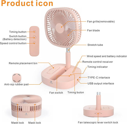 Magesh Portable Pedestal Fan - Foldaway Standing Fan Foldable Desk Fan, Use 7200Mah Rechargeable Battery, Remote Control Telescopic 4 Speed Quiet Timer Fan for Home Kitchen Outdoor Camping (Pink)