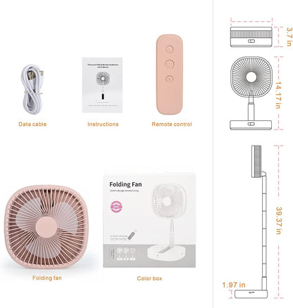 Magesh Portable Pedestal Fan - Foldaway Standing Fan Foldable Desk Fan, Use 7200Mah Rechargeable Battery, Remote Control Telescopic 4 Speed Quiet Timer Fan for Home Kitchen Outdoor Camping (Pink)