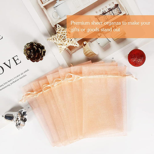 HRX Package 100pcs Blush Peach Organza Bags, 4 x 6 inch Mesh Jewelry Drawstring Bag Small Gift Pouches for Wedding Candy Party Favor