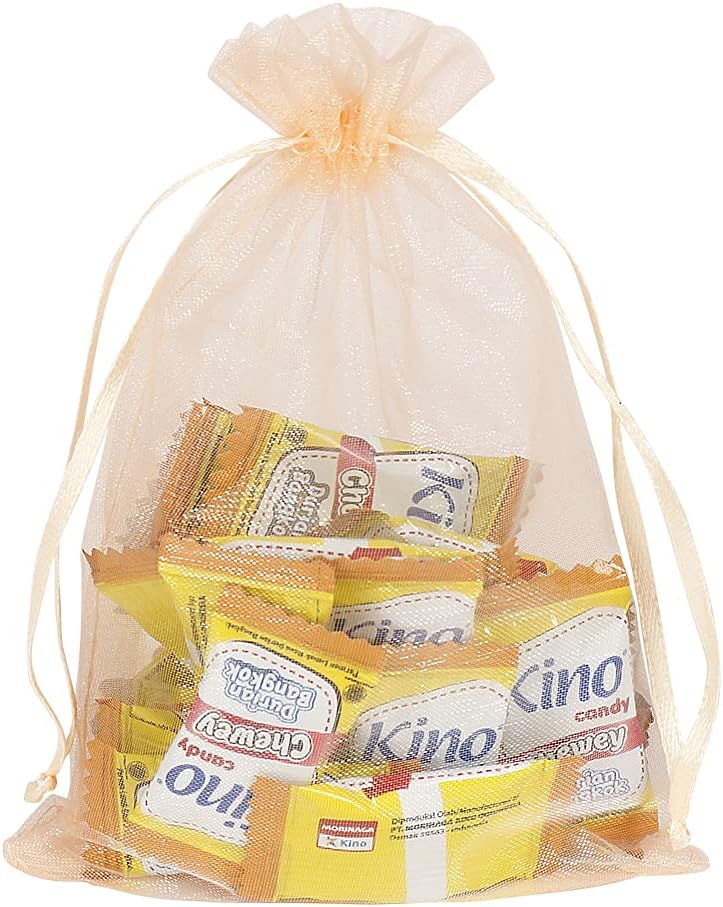 HRX Package 100pcs Blush Peach Organza Bags, 4 x 6 inch Mesh Jewelry Drawstring Bag Small Gift Pouches for Wedding Candy Party Favor