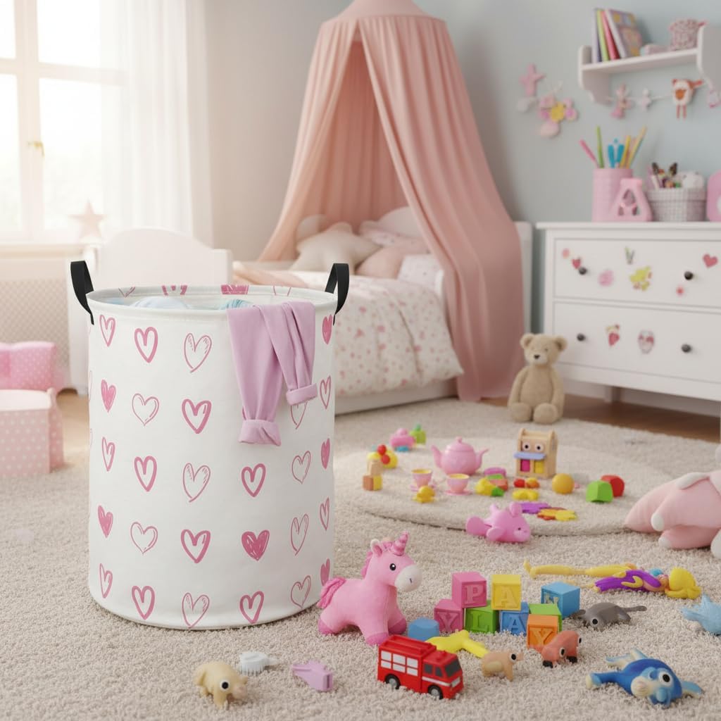 Baby Laundry Hamper kids laundry Basket Waterproof Laundry Bag for Bedroom Clothes Organizer Room Décor(Pink Heart)