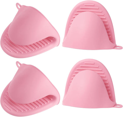 4pcs Thickened Mini Oven Gloves, Heat Resistant Silicone Oven Mitts Finger Pinch Grips Pot Holder for Kitchen, Cooking, Baking, BBQ Heat Resistant Gloves, Pink